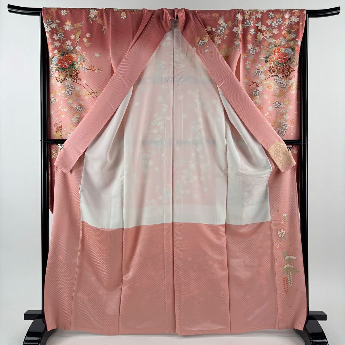 振袖禮服 身長168cm 袖長65cm M 雙層 花車 波 金銀彩 漸層 粉色 純蠶絲 優品級