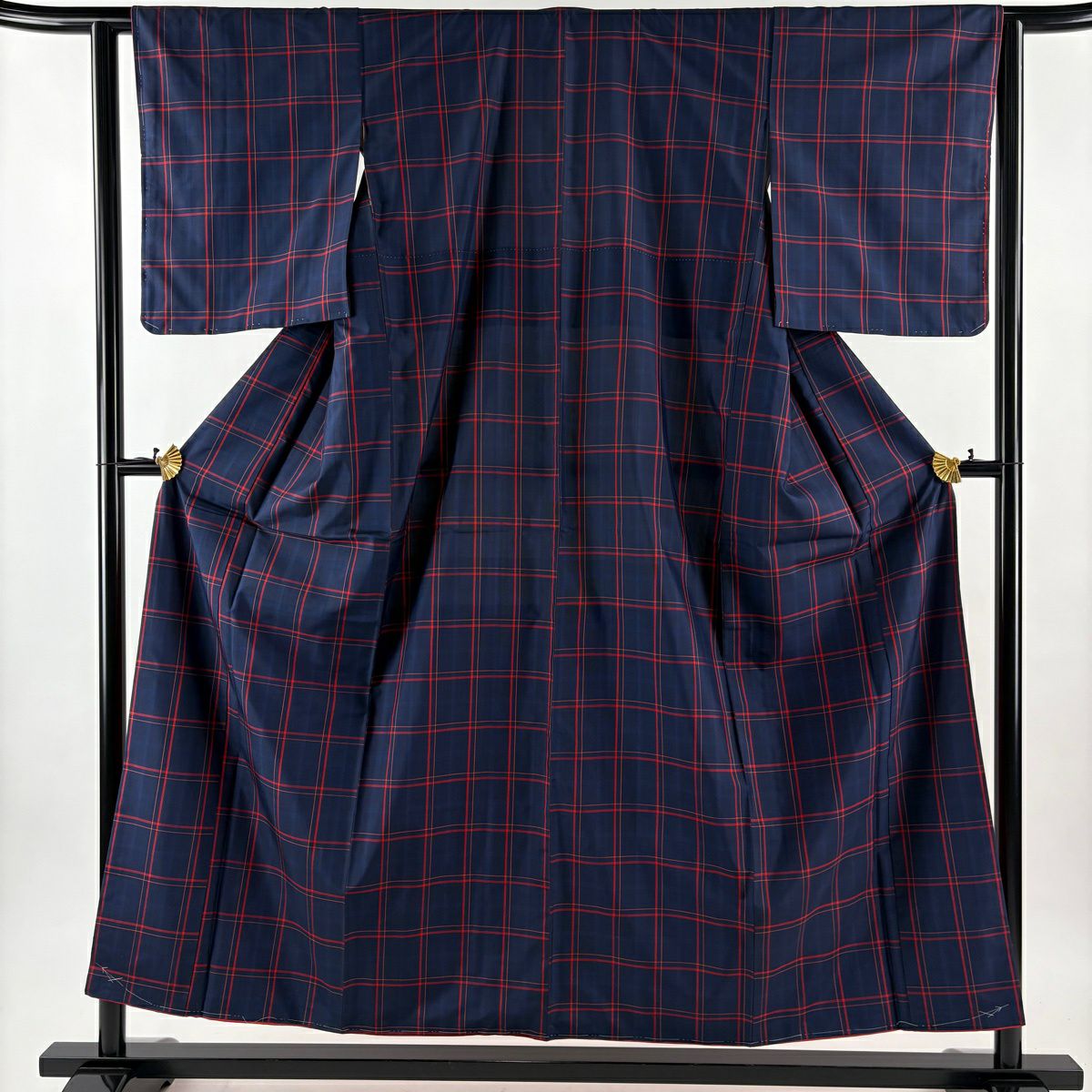 【美品】 紬織 身長155.5cm 袖長62.5cm S 雙層 套裝 證書齊全 格子 深藍 純蠶絲 優品級