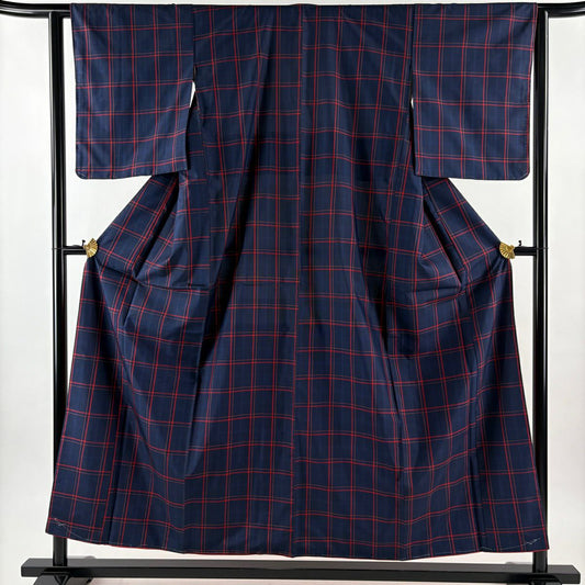 【美品】 紬織 身長155.5cm 袖長62.5cm S 雙層 套裝 證書齊全 格子 深藍 純蠶絲 優品級