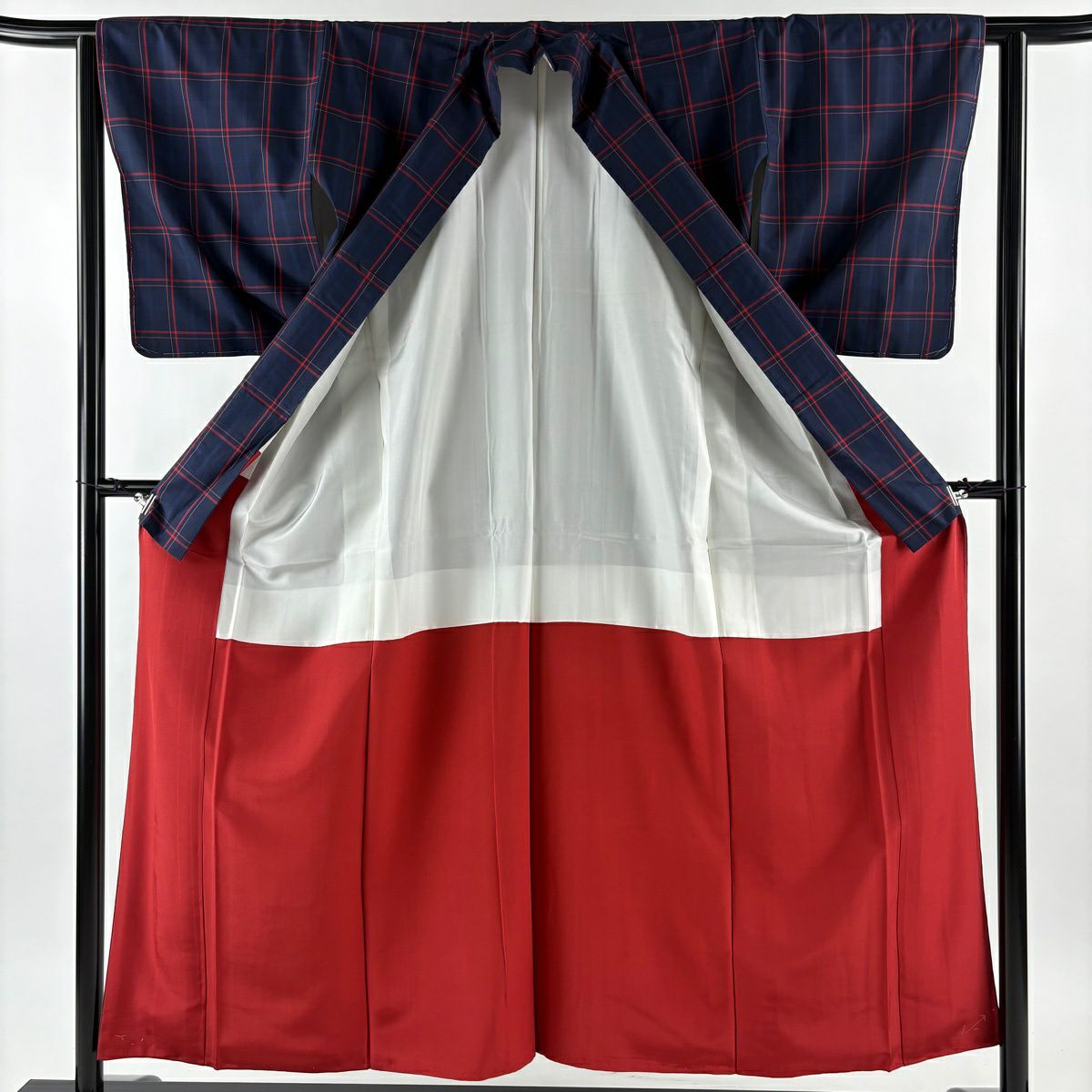 【美品】 紬織 身長155.5cm 袖長62.5cm S 雙層 套裝 證書齊全 格子 深藍 純蠶絲 優品級
