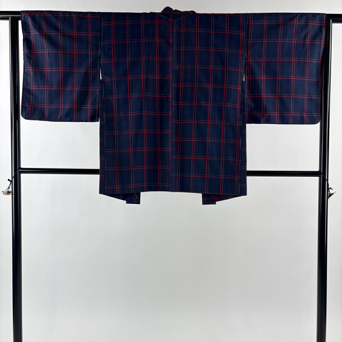 【美品】 紬織 身長155.5cm 袖長62.5cm S 雙層 套裝 證書齊全 格子 深藍 純蠶絲 優品級