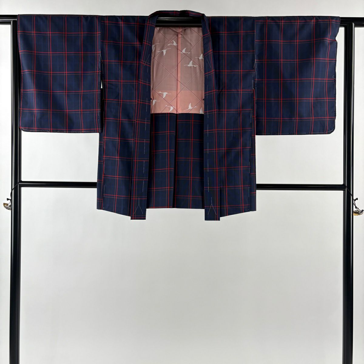 【美品】 紬織 身長155.5cm 袖長62.5cm S 雙層 套裝 證書齊全 格子 深藍 純蠶絲 優品級