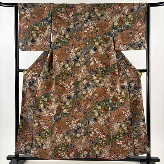 【美品】 小紋 身長156cm 袖長63cm S 雙層 辻花染圖案 道長取 縮緬 茶綠 純蠶絲 秀品級