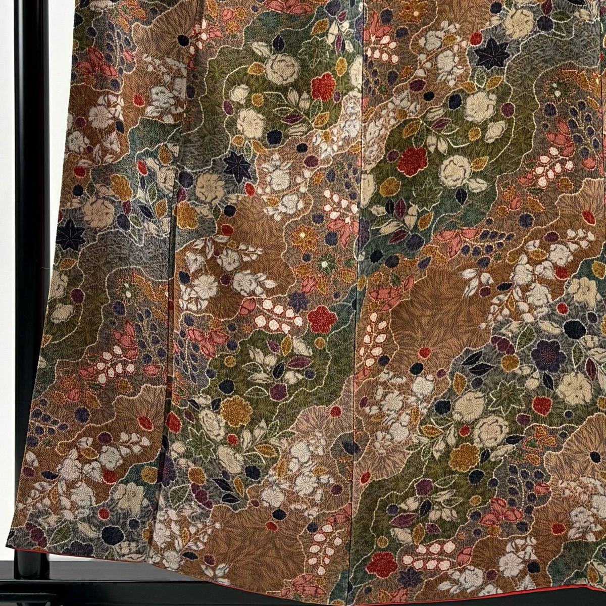 【美品】 小紋 身長156cm 袖長63cm S 雙層 辻花染圖案 道長取 縮緬 茶綠 純蠶絲 秀品級