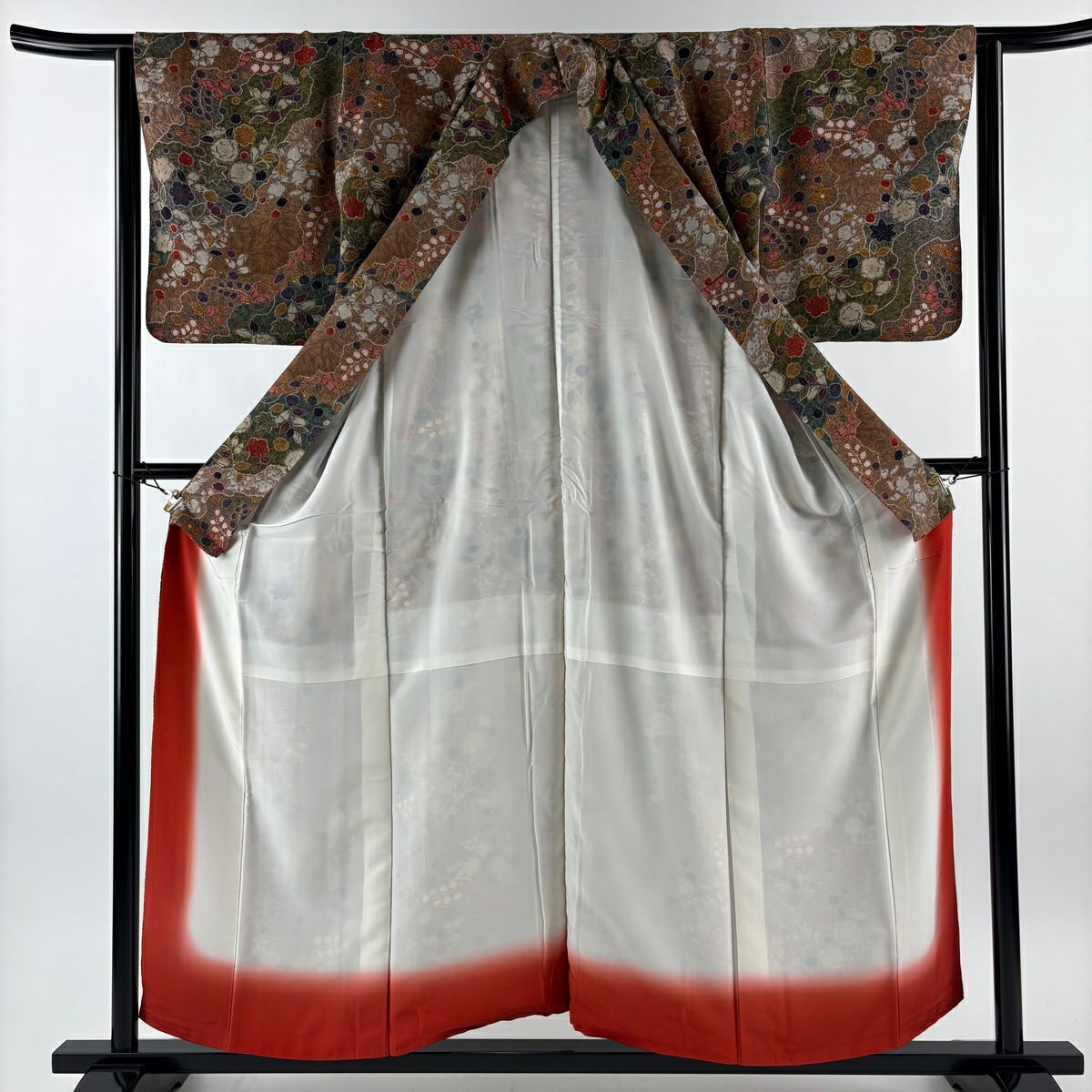 【美品】 小紋 身長156cm 袖長63cm S 雙層 辻花染圖案 道長取 縮緬 茶綠 純蠶絲 秀品級