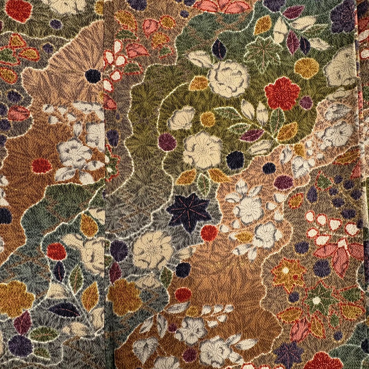 【美品】 小紋 身長156cm 袖長63cm S 雙層 辻花染圖案 道長取 縮緬 茶綠 純蠶絲 秀品級