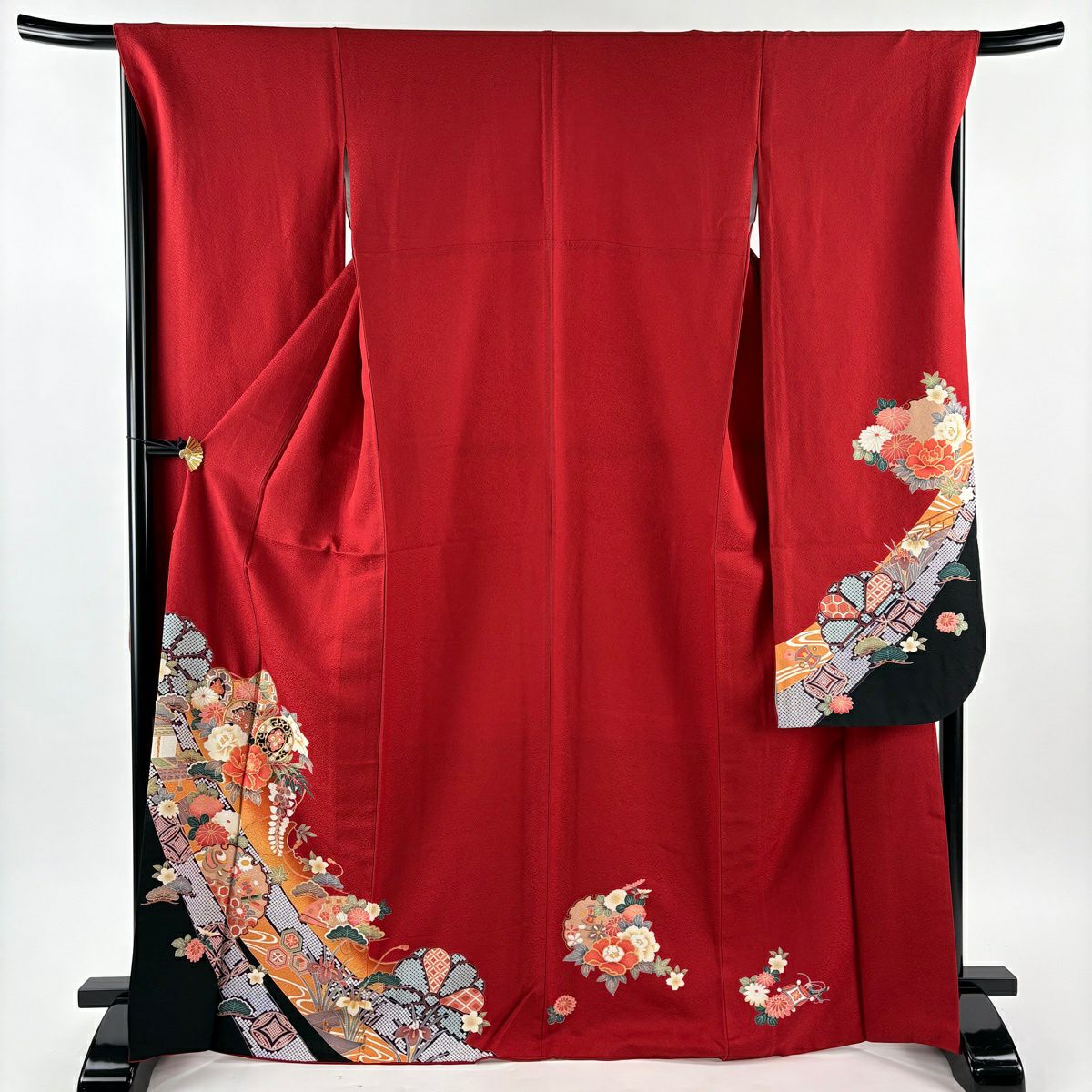 【美品】振袖禮服 身長169cm 袖長68cm L 雙層 鼓 雪輪 金絲 金銀彩 紅 純蠶絲 秀品級