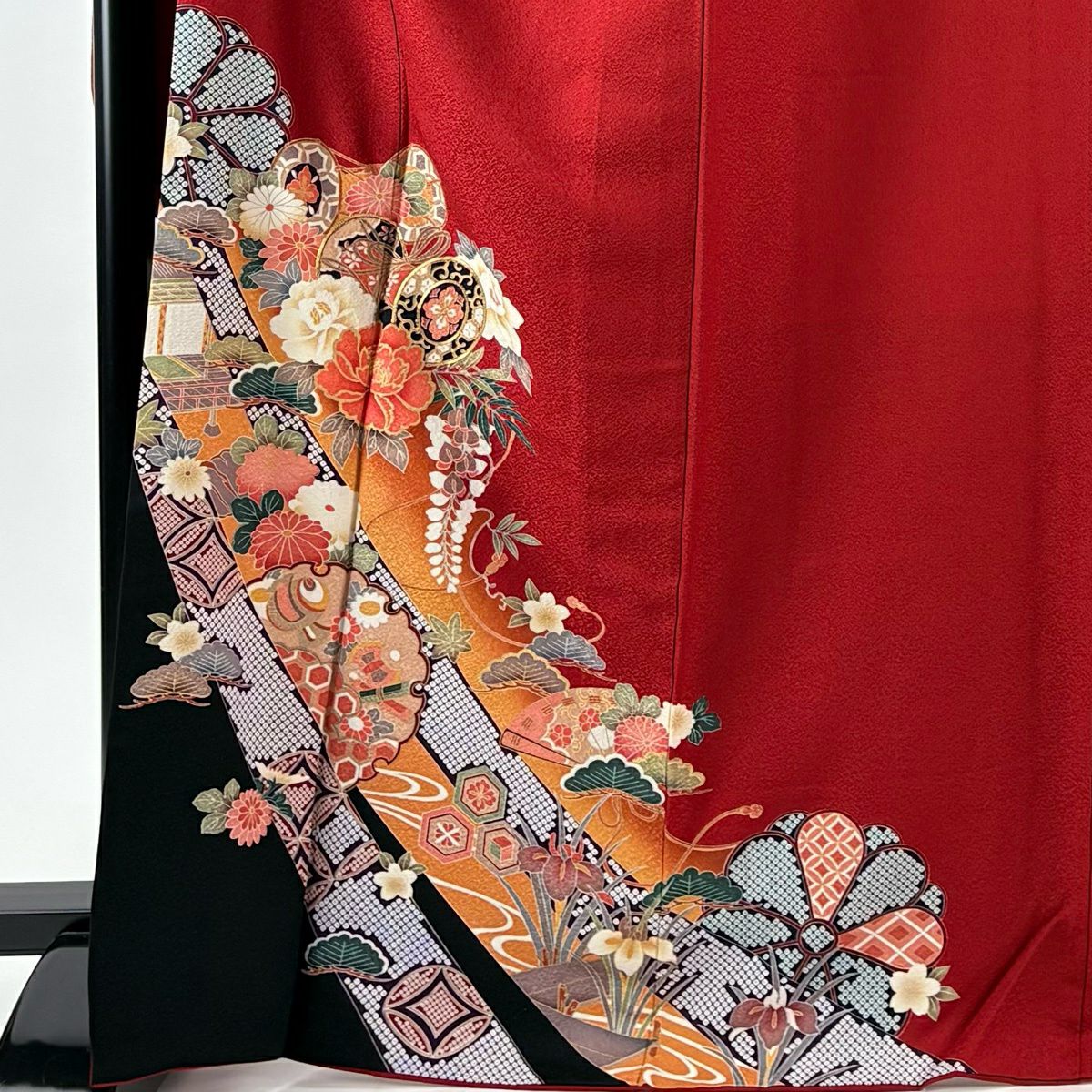 【美品】振袖禮服 身長169cm 袖長68cm L 雙層 鼓 雪輪 金絲 金銀彩 紅 純蠶絲 秀品級