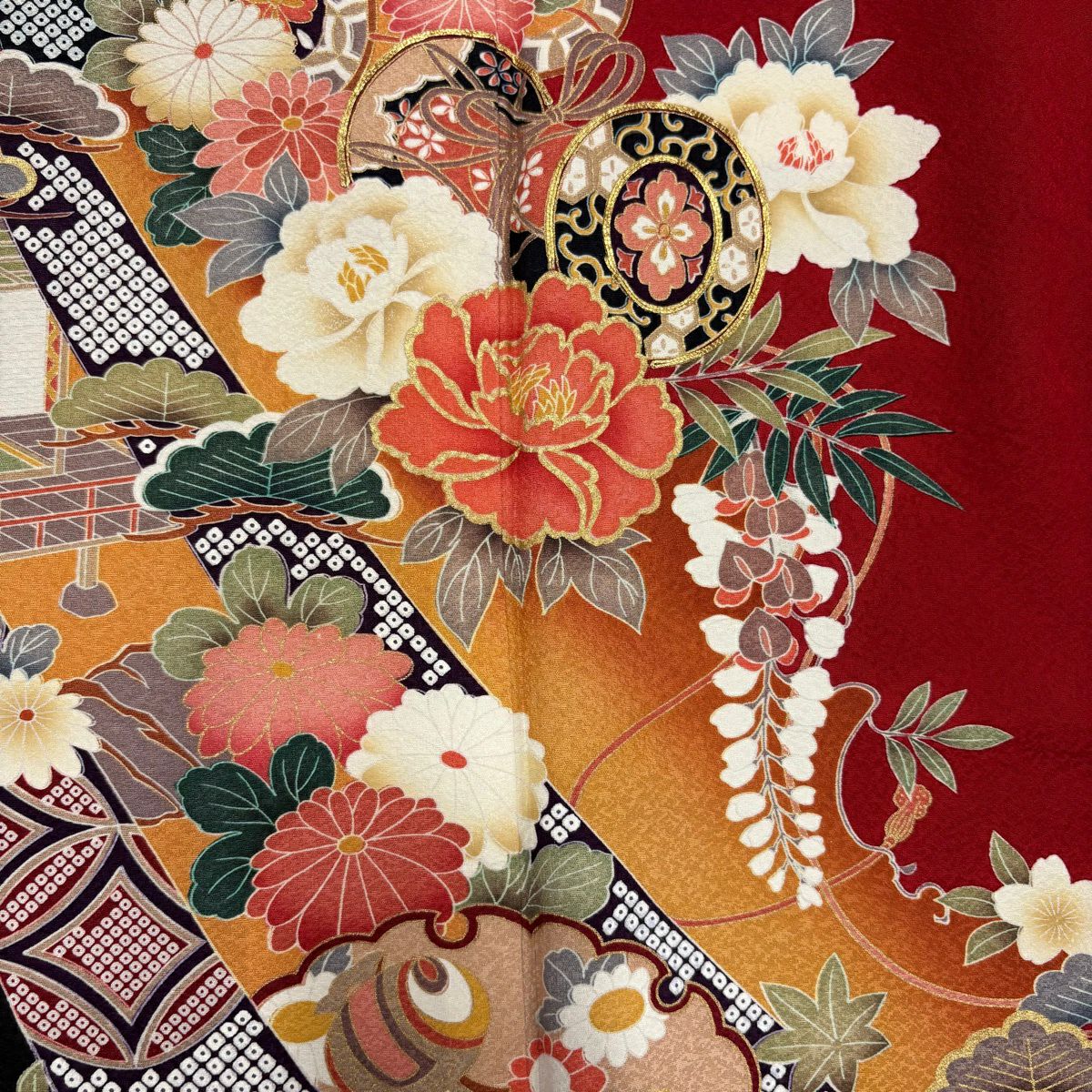 【美品】振袖禮服 身長169cm 袖長68cm L 雙層 鼓 雪輪 金絲 金銀彩 紅 純蠶絲 秀品級