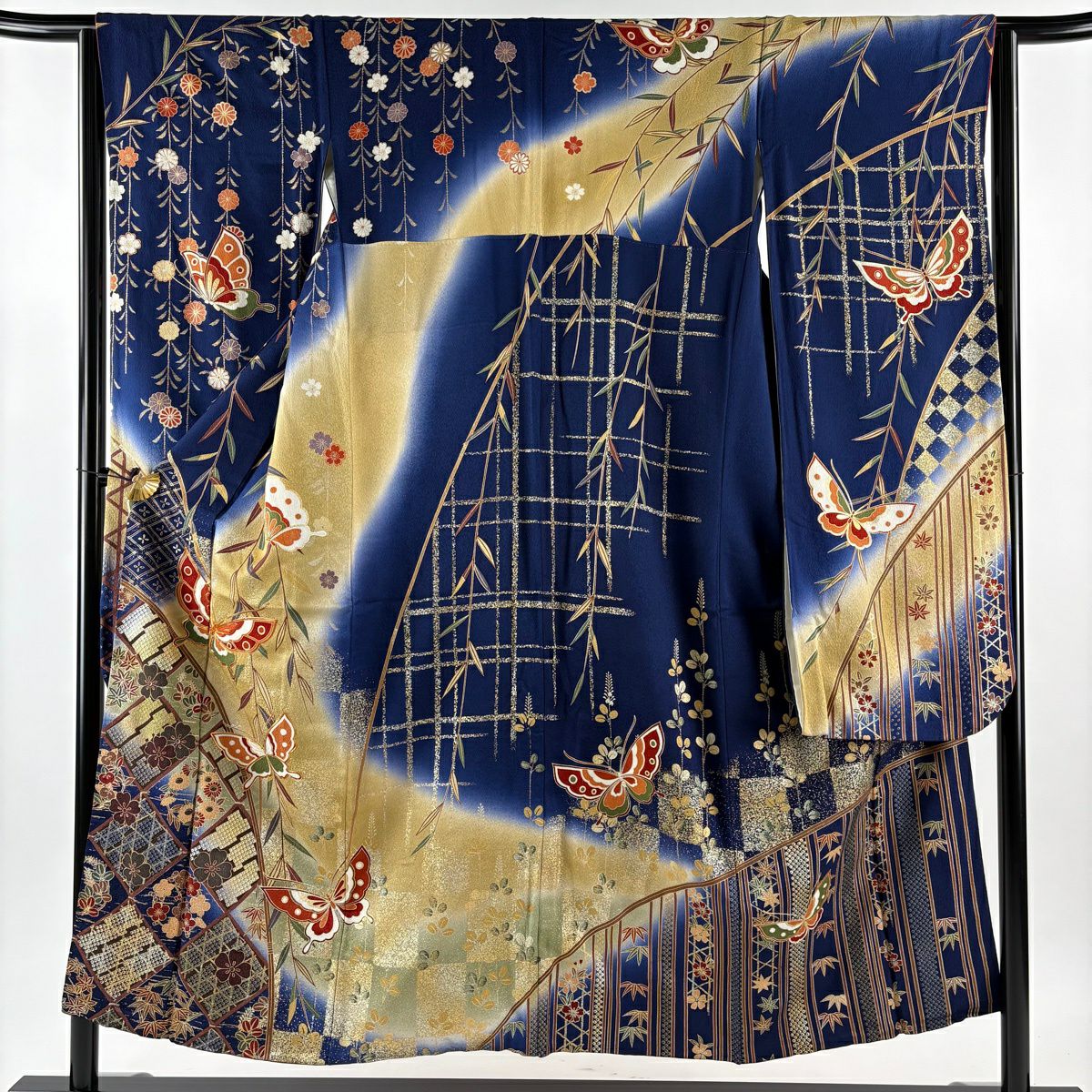 振袖禮服 身長152cm 袖長64cm M 雙層 蝶 樹垂櫻 金絲 金銀彩 深藍 純蠶絲 秀品級