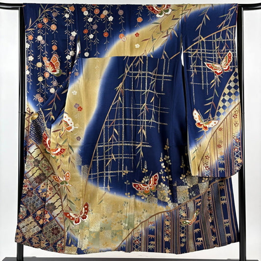 振袖禮服 身長152cm 袖長64cm M 雙層 蝶 樹垂櫻 金絲 金銀彩 深藍 純蠶絲 秀品級