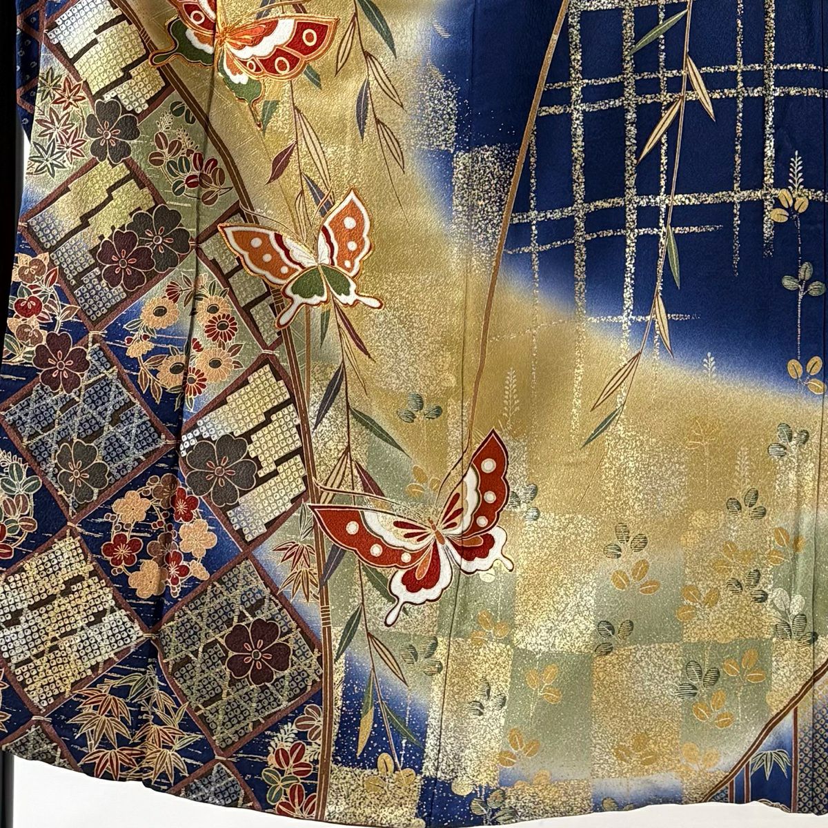 振袖禮服 身長152cm 袖長64cm M 雙層 蝶 樹垂櫻 金絲 金銀彩 深藍 純蠶絲 秀品級