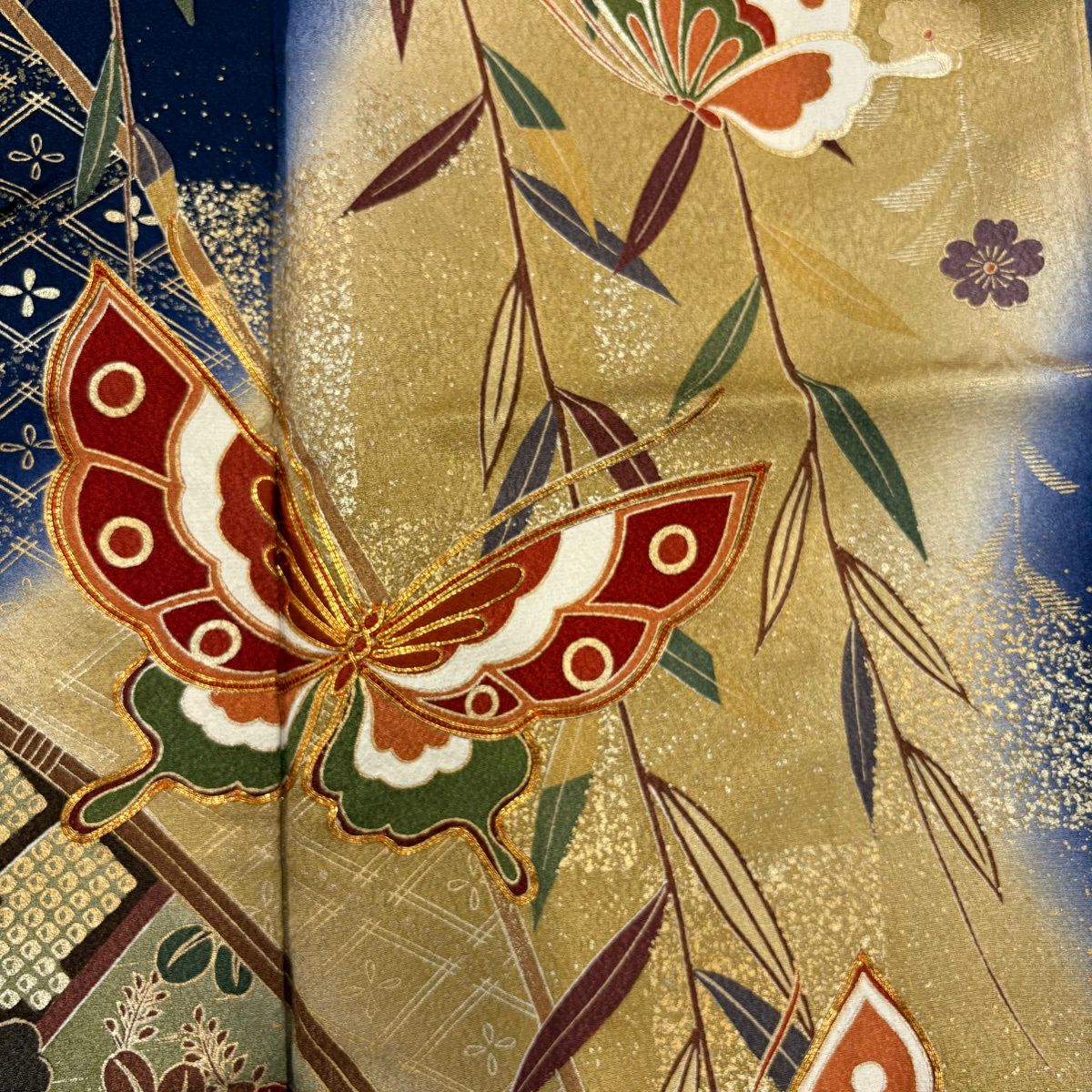 振袖禮服 身長152cm 袖長64cm M 雙層 蝶 樹垂櫻 金絲 金銀彩 深藍 純蠶絲 秀品級