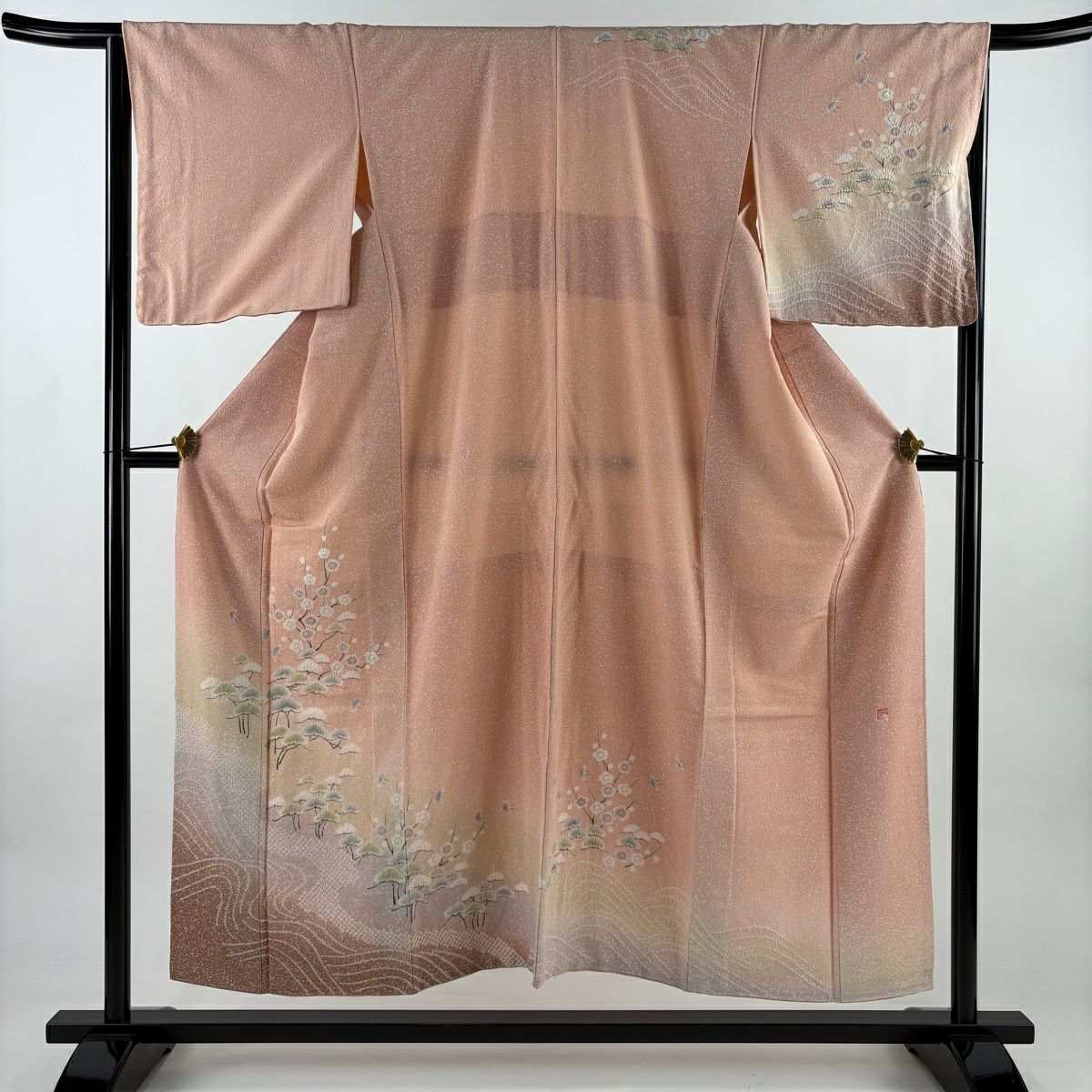 訪問服 身長151.5cm 袖長66cm M 雙層 落款 松樹梅花 千鳥 絞染 漸層 淺粉色 純蠶絲 優品級