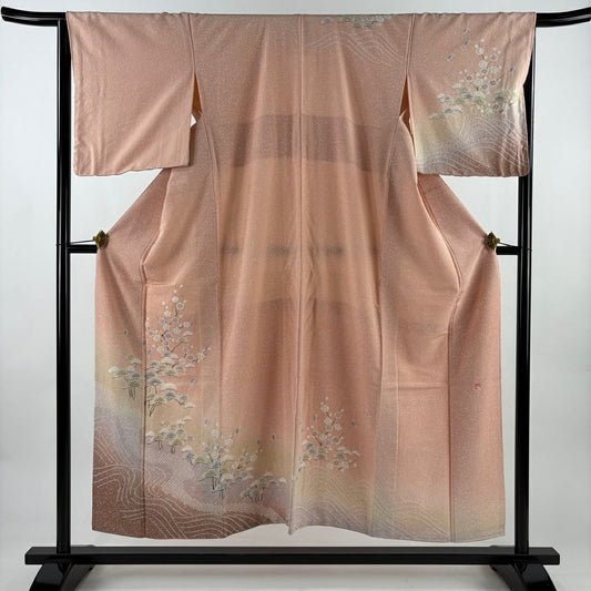 訪問服 身長151.5cm 袖長66cm M 雙層 落款 松樹梅花 千鳥 絞染 漸層 淺粉色 純蠶絲 優品級