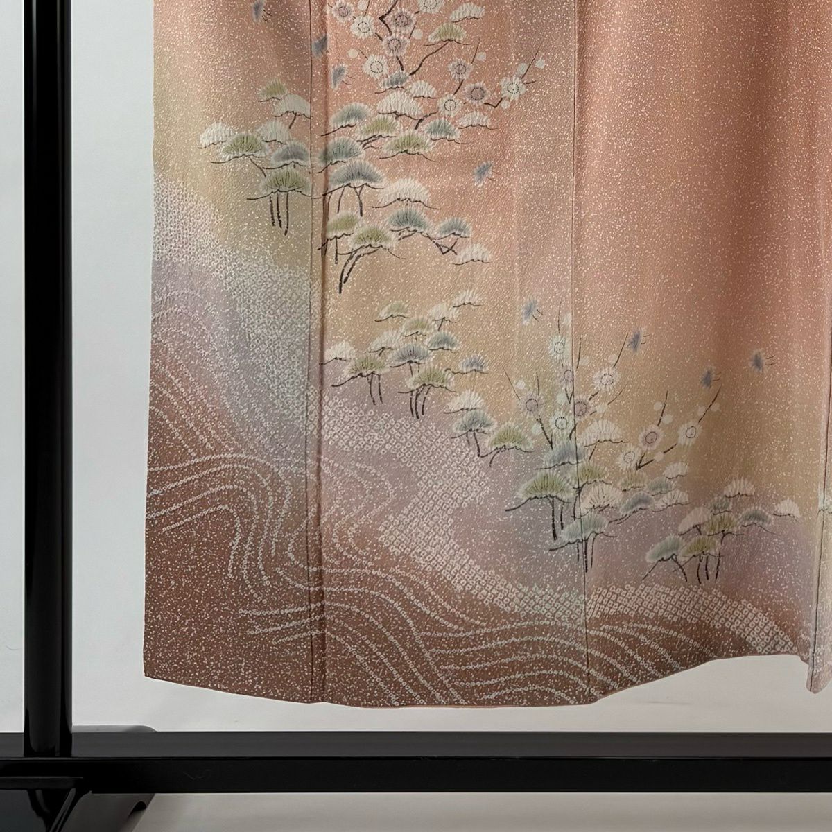 訪問服 身長151.5cm 袖長66cm M 雙層 落款 松樹梅花 千鳥 絞染 漸層 淺粉色 純蠶絲 優品級