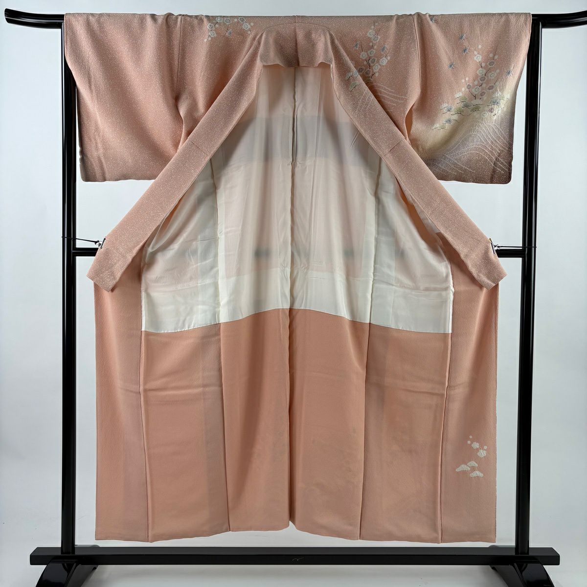 訪問服 身長151.5cm 袖長66cm M 雙層 落款 松樹梅花 千鳥 絞染 漸層 淺粉色 純蠶絲 優品級