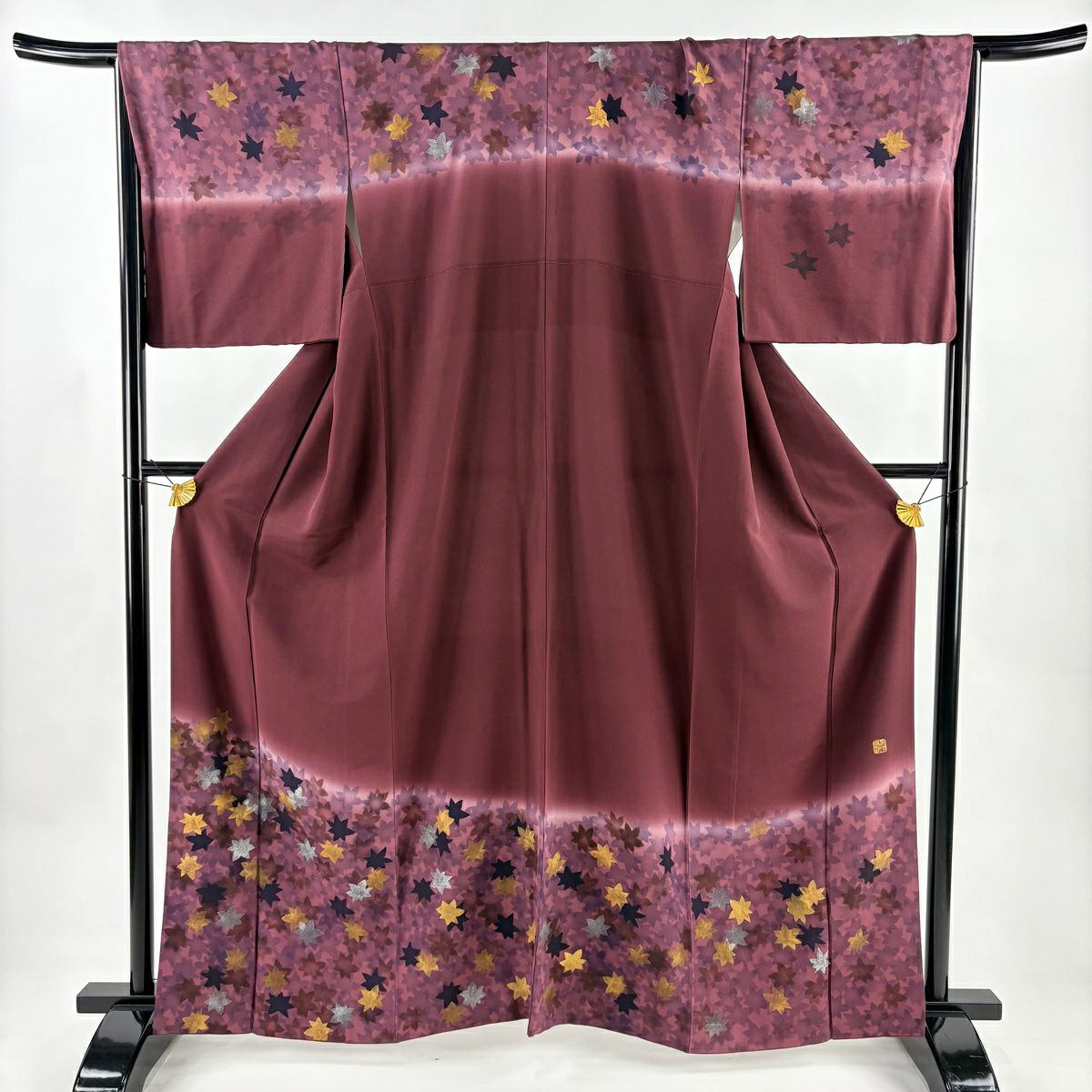 訪問服 身長162.5cm 袖長67.5cm L 雙層 落款あり 楓 金銀彩 漸層 茶紫 純蠶絲 優品級