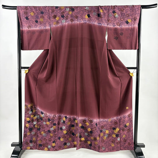 訪問服 身長162.5cm 袖長67.5cm L 雙層 落款あり 楓 金銀彩 漸層 茶紫 純蠶絲 優品級
