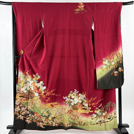 振袖禮服 身長161cm 袖長65cm M 雙層 花車 鴛鴦 金絲 金銀彩 深紅 純蠶絲 優品級