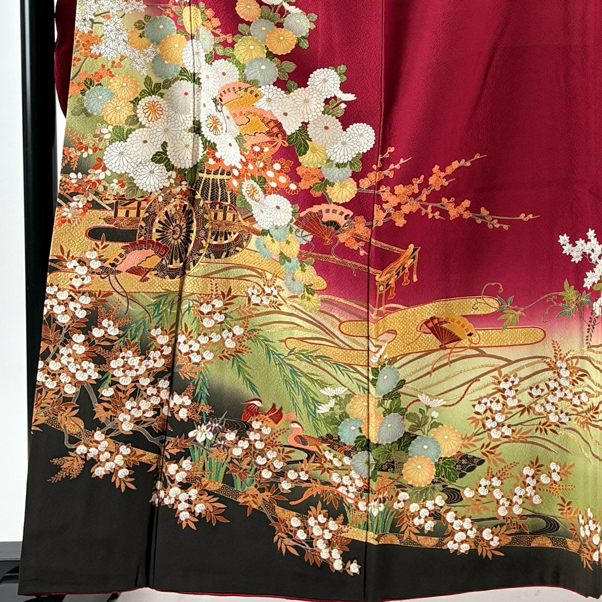 振袖禮服 身長161cm 袖長65cm M 雙層 花車 鴛鴦 金絲 金銀彩 深紅 純蠶絲 優品級
