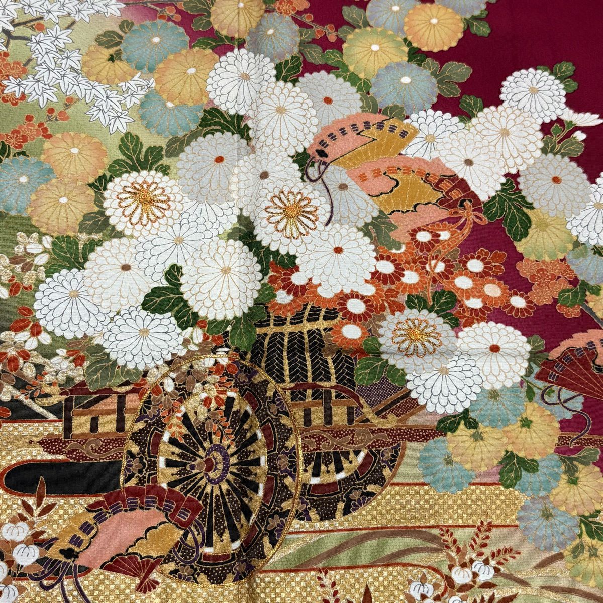 振袖禮服 身長161cm 袖長65cm M 雙層 花車 鴛鴦 金絲 金銀彩 深紅 純蠶絲 優品級