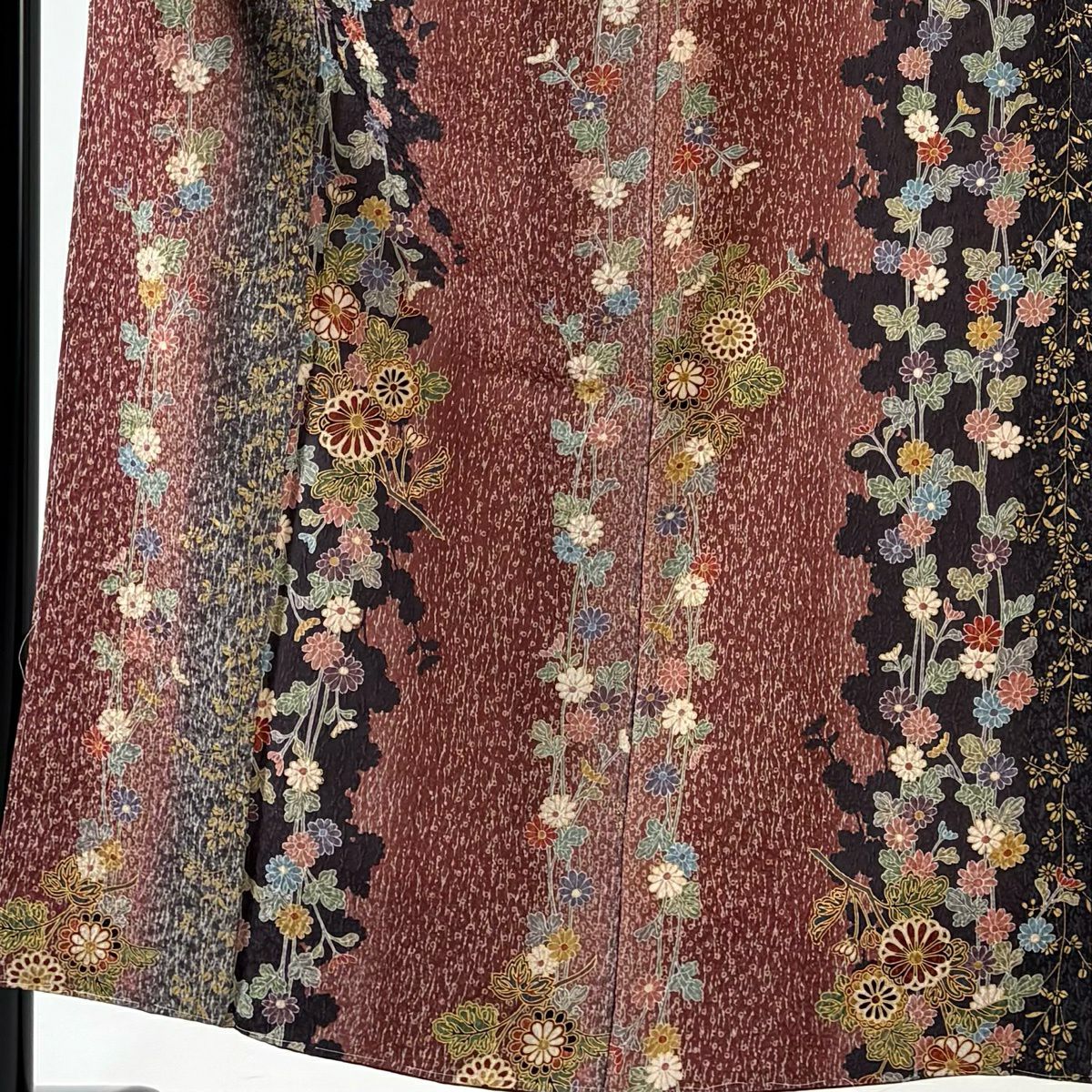 【美品】 小紋 身長153cm 袖長62cm S 雙層 菊花 萩 金銀彩 小豆 純蠶絲 秀品級