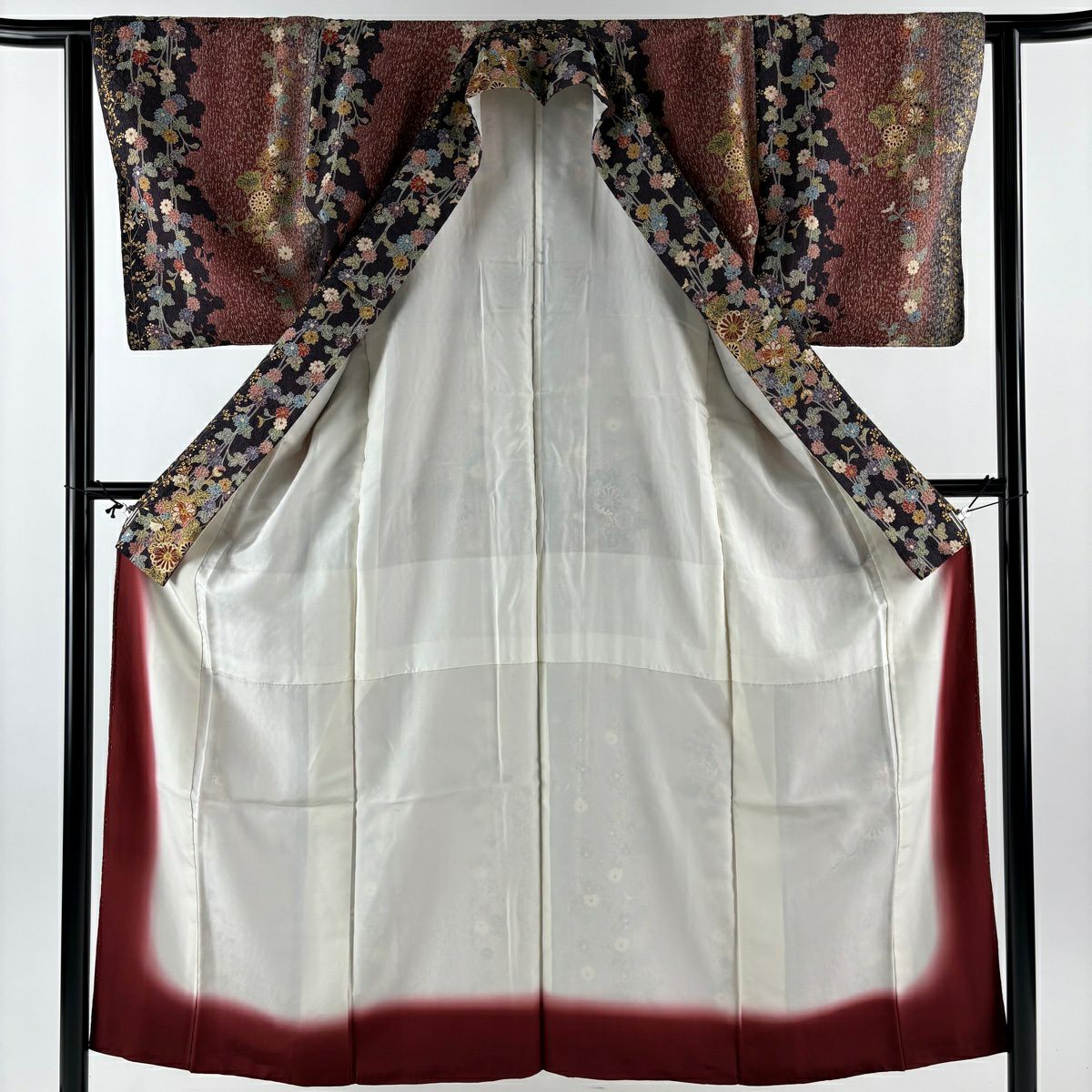 【美品】 小紋 身長153cm 袖長62cm S 雙層 菊花 萩 金銀彩 小豆 純蠶絲 秀品級