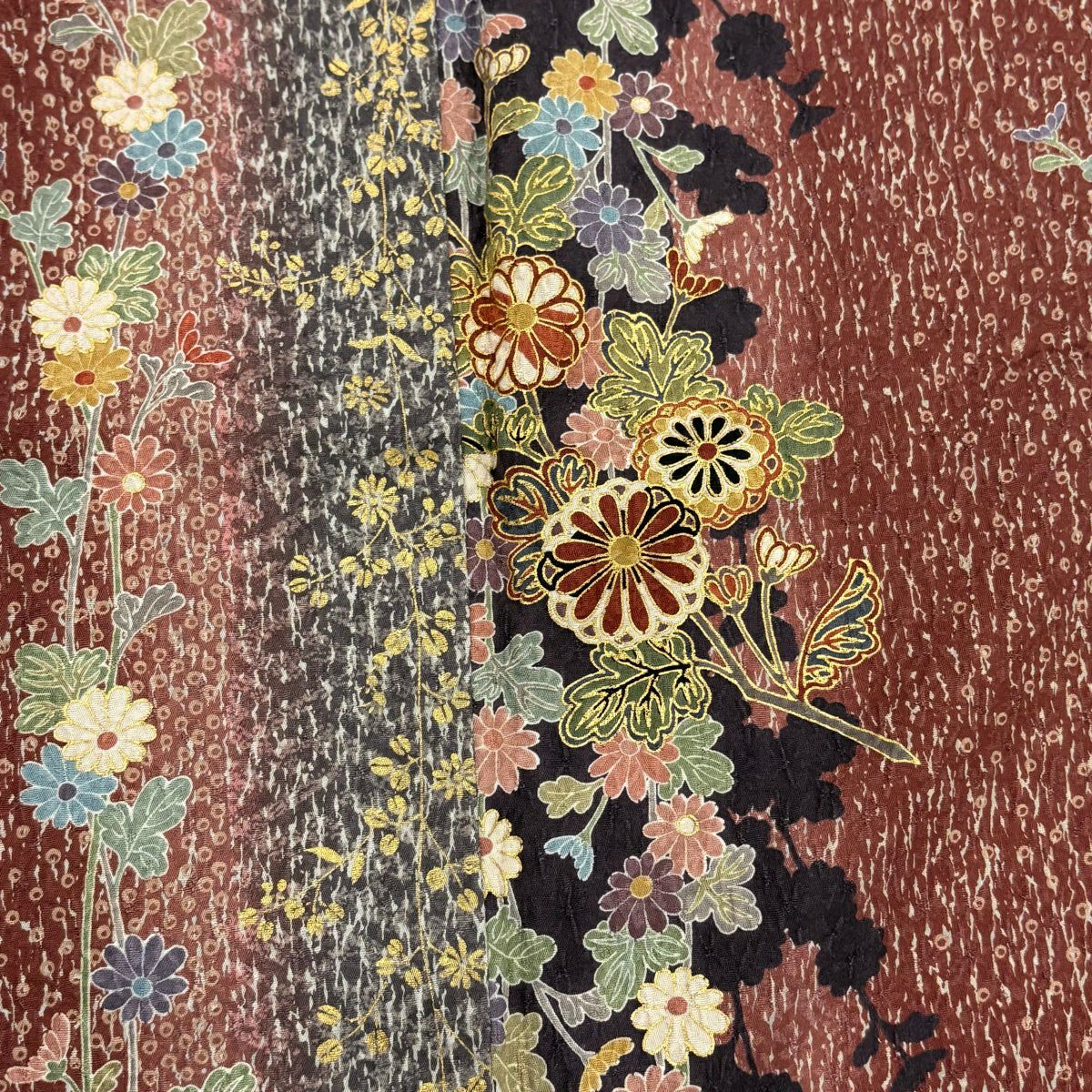 【美品】 小紋 身長153cm 袖長62cm S 雙層 菊花 萩 金銀彩 小豆 純蠶絲 秀品級