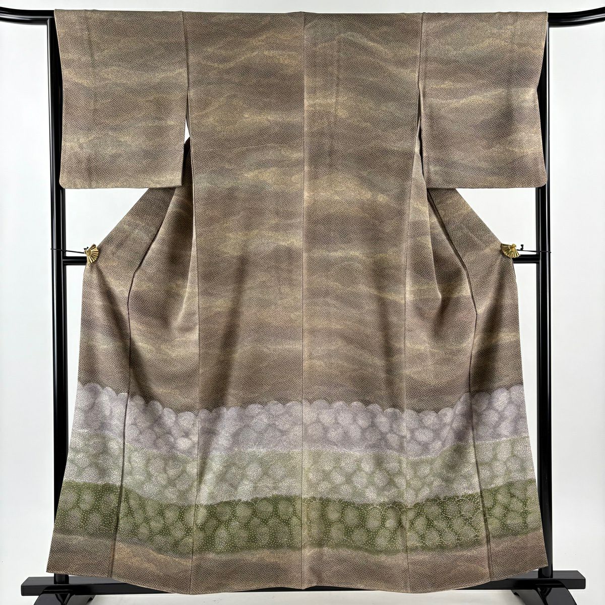 【美品】 付下 身長157.5cm 袖長65.5cm M 雙層 落款あり 小花 橫段 金銀彩 灰茶 純蠶絲 秀品級