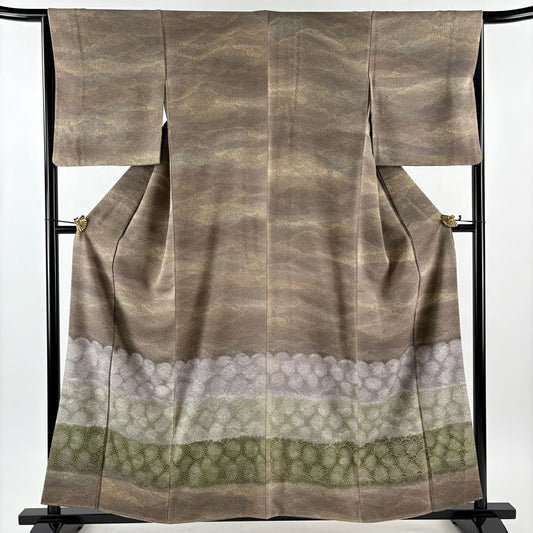 【美品】 付下 身長157.5cm 袖長65.5cm M 雙層 落款あり 小花 橫段 金銀彩 灰茶 純蠶絲 秀品級