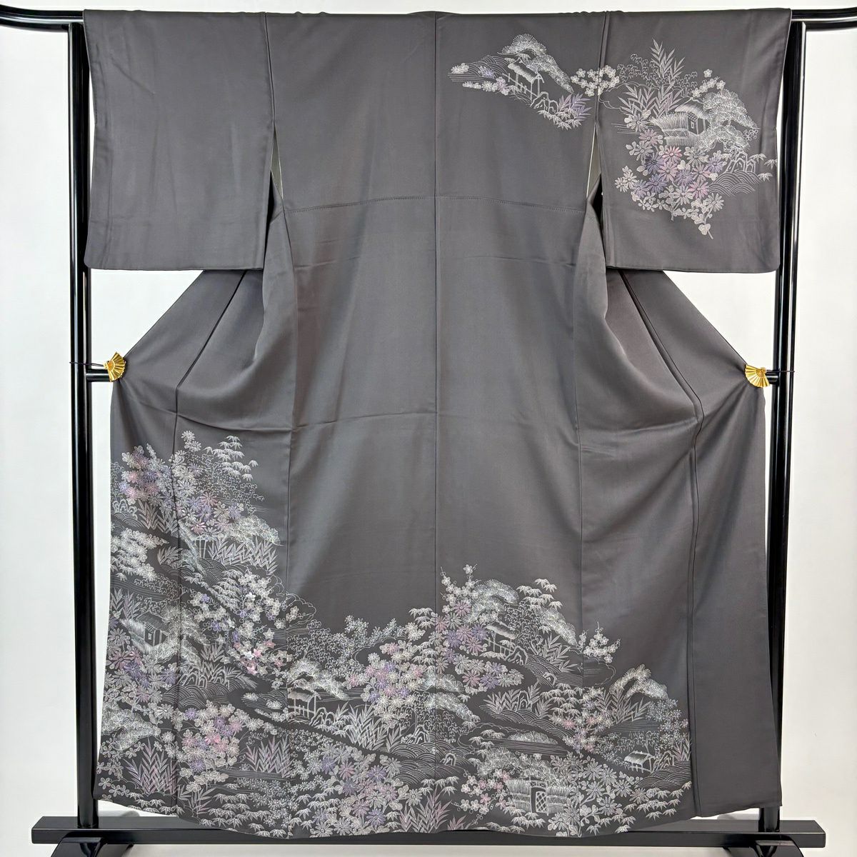 訪問服 身長157cm 袖長63cm S 雙層 松樹竹子梅花 家屋 刺繡 灰 純蠶絲 秀品級