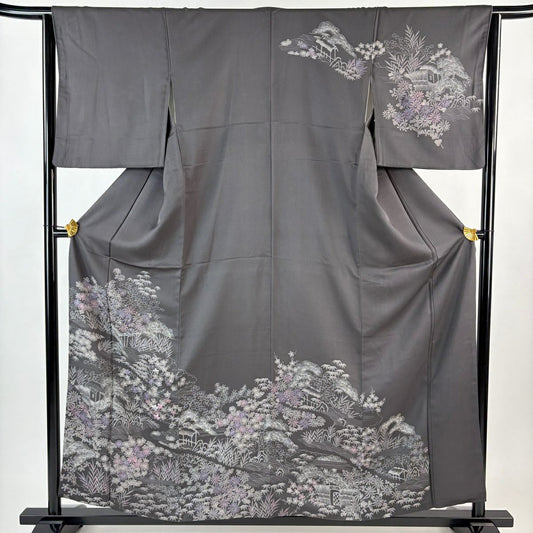 訪問服 身長157cm 袖長63cm S 雙層 松樹竹子梅花 家屋 刺繡 灰 純蠶絲 秀品級