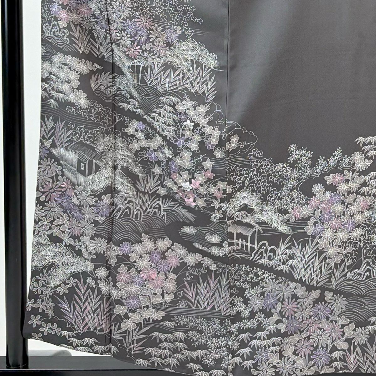 訪問服 身長157cm 袖長63cm S 雙層 松樹竹子梅花 家屋 刺繡 灰 純蠶絲 秀品級