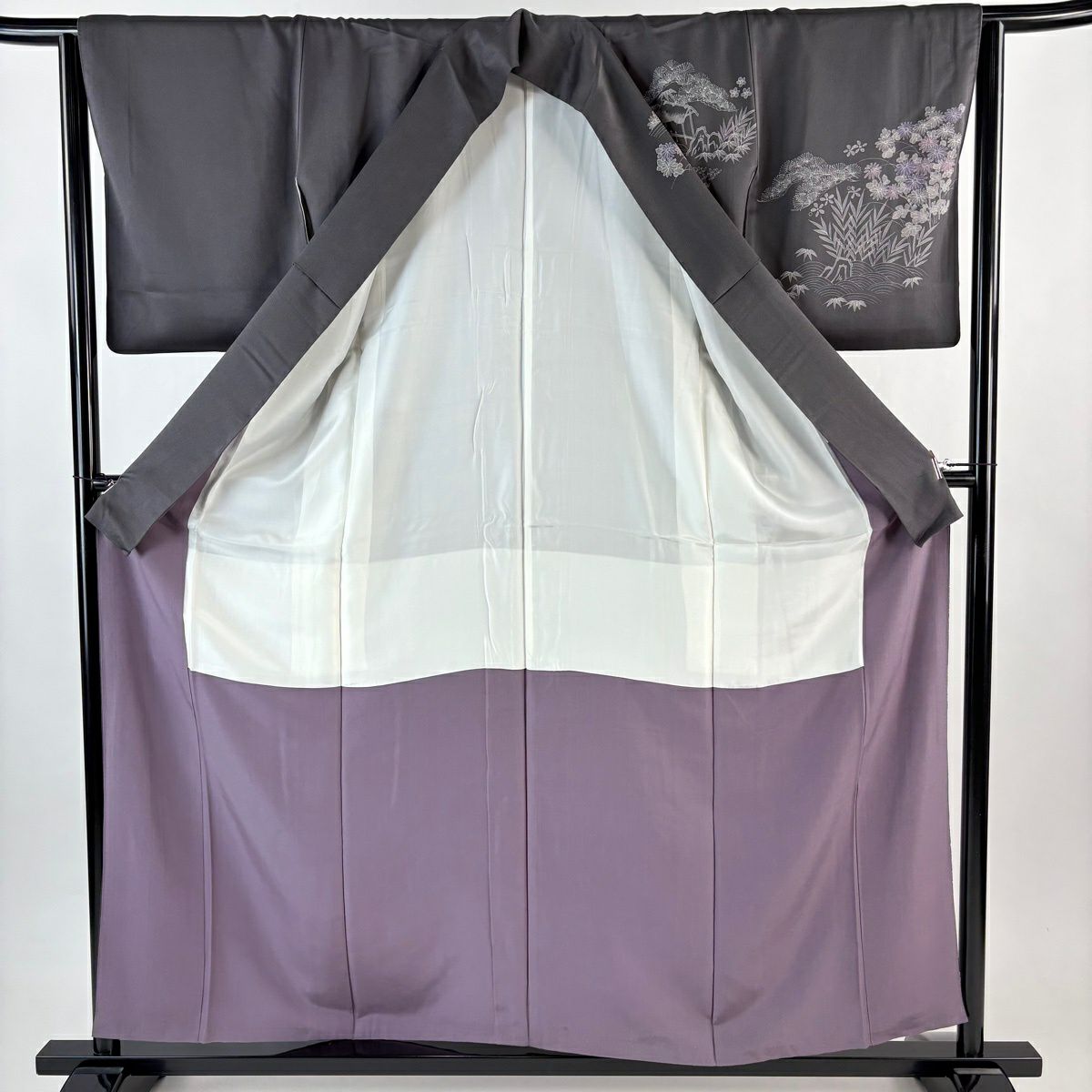 訪問服 身長157cm 袖長63cm S 雙層 松樹竹子梅花 家屋 刺繡 灰 純蠶絲 秀品級