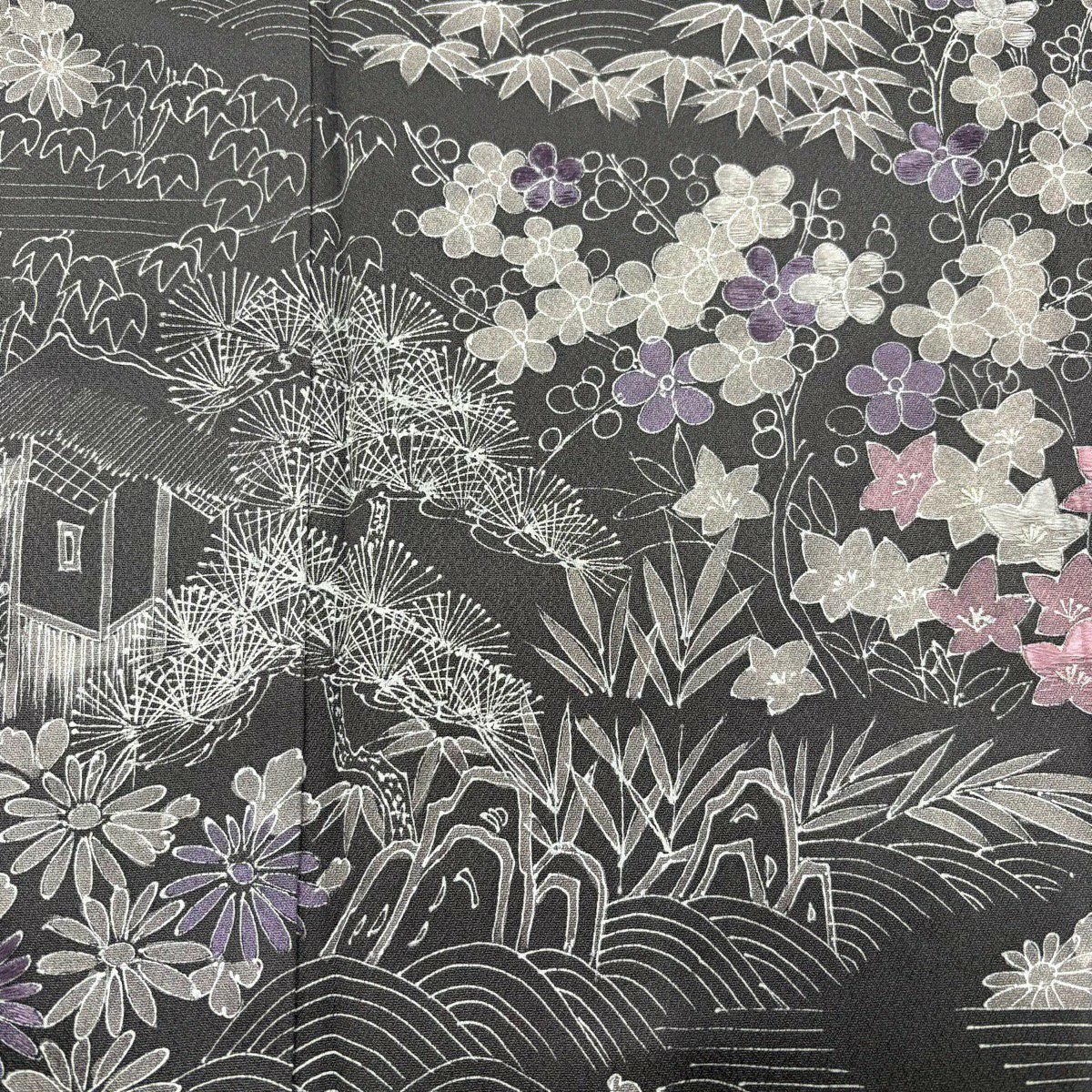 訪問服 身長157cm 袖長63cm S 雙層 松樹竹子梅花 家屋 刺繡 灰 純蠶絲 秀品級