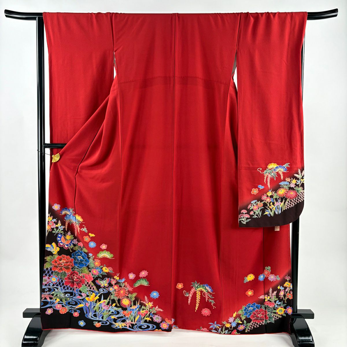 【美品】振袖禮服 身長164.5cm 袖長66cm M 雙層 落款あり 蝶 松樹竹子梅花 染分 ぼかし 紅 純蠶絲 秀品級