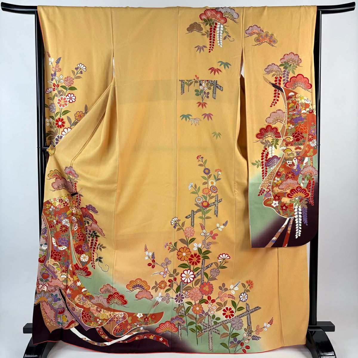 【美品】振袖禮服 身長167.5cm 袖長66cm M 雙層 蝶 誰袖 金絲 金銀彩 黃土 純蠶絲 優品級
