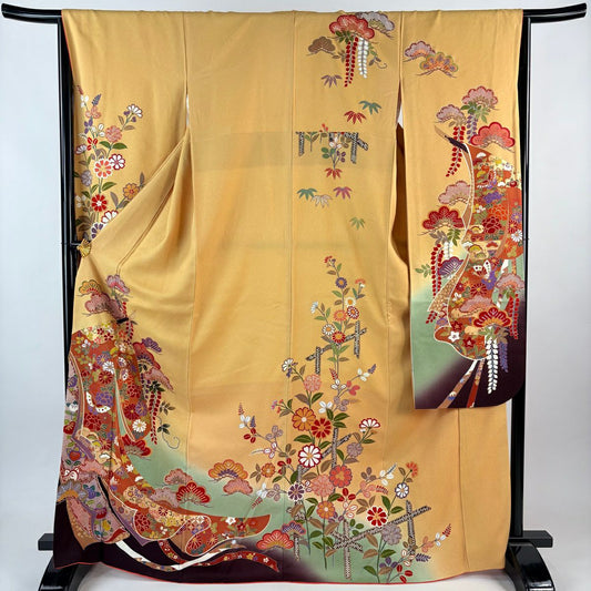 【美品】振袖禮服 身長167.5cm 袖長66cm M 雙層 蝶 誰袖 金絲 金銀彩 黃土 純蠶絲 優品級