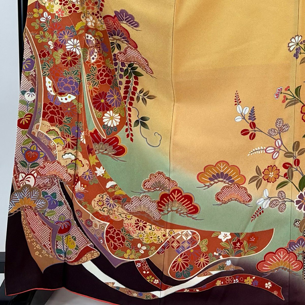 【美品】振袖禮服 身長167.5cm 袖長66cm M 雙層 蝶 誰袖 金絲 金銀彩 黃土 純蠶絲 優品級