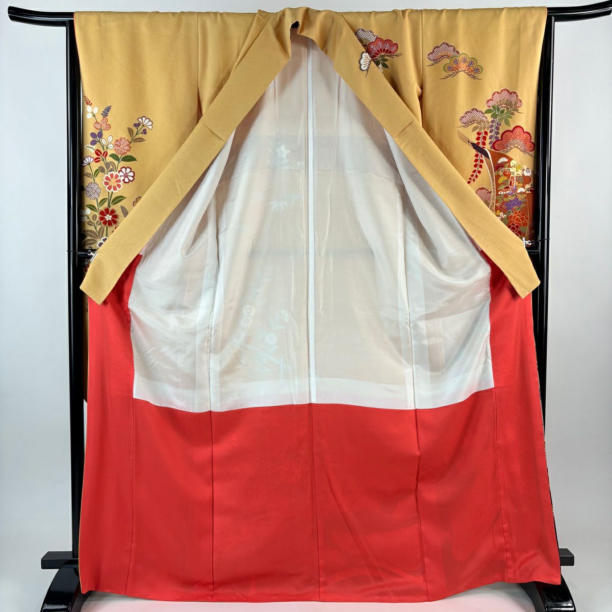 【美品】振袖禮服 身長167.5cm 袖長66cm M 雙層 蝶 誰袖 金絲 金銀彩 黃土 純蠶絲 優品級