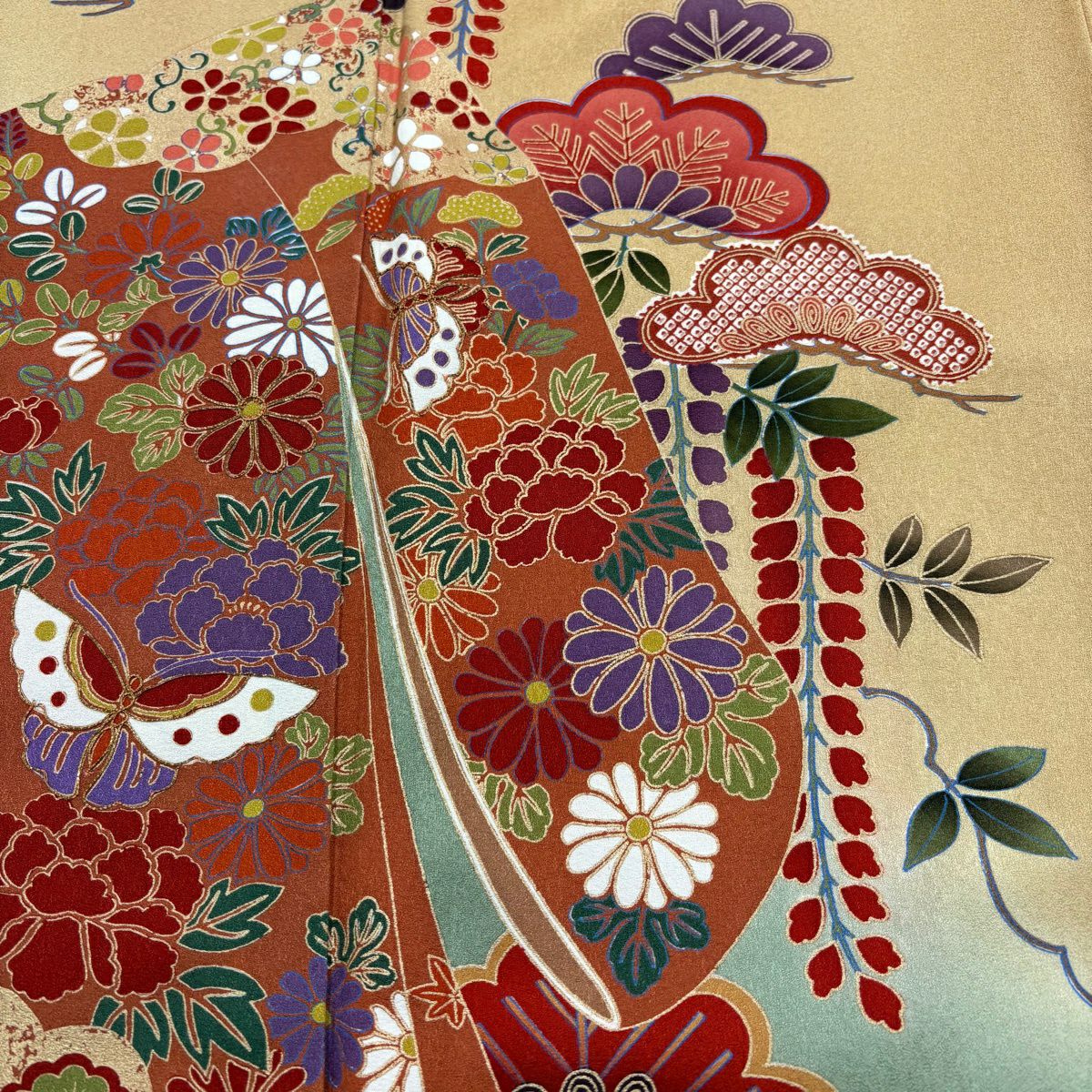 【美品】振袖禮服 身長167.5cm 袖長66cm M 雙層 蝶 誰袖 金絲 金銀彩 黃土 純蠶絲 優品級