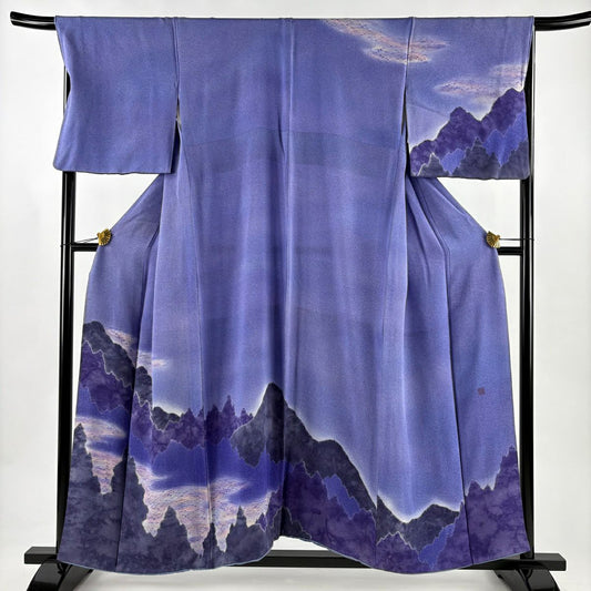 訪問服 身長154.5cm 袖長69cm L 雙層 落款有 山並 霞 朦朧 青紫 純蠶絲 優品級
