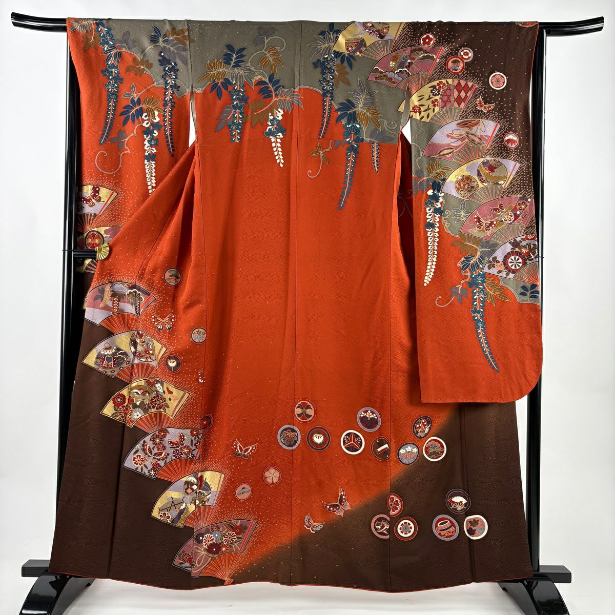 振袖禮服 身長158.5cm 袖長64cm M 雙層 扇子花鳥 金絲 金銀彩 紅茶 純蠶絲 秀品級