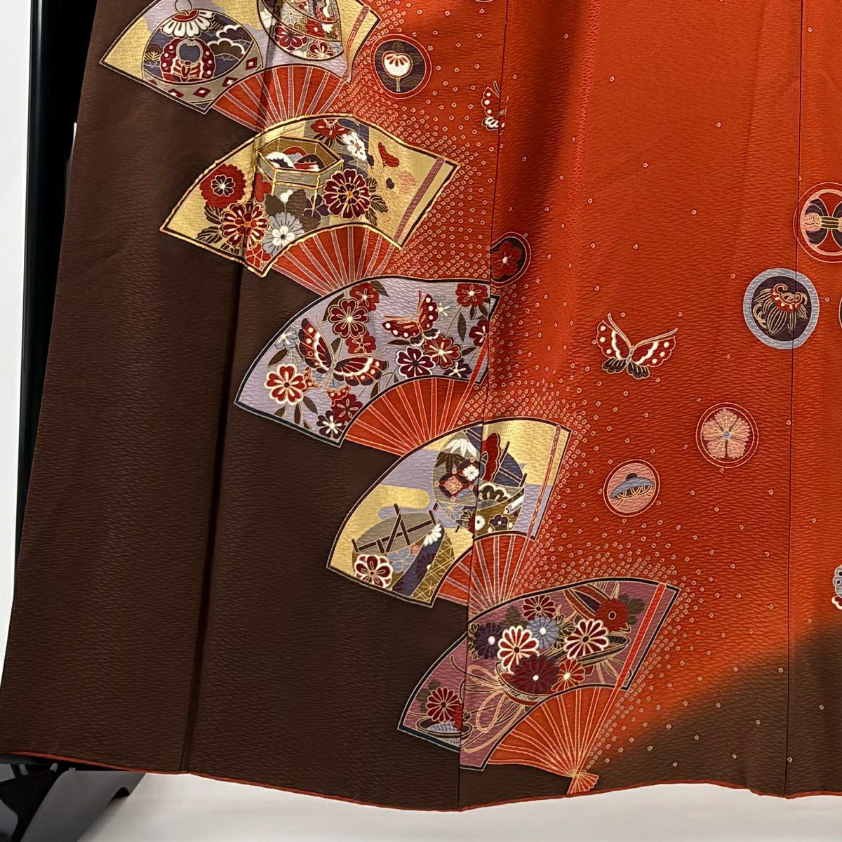 振袖禮服 身長158.5cm 袖長64cm M 雙層 扇子花鳥 金絲 金銀彩 紅茶 純蠶絲 秀品級