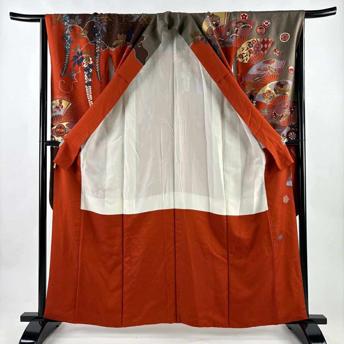 振袖禮服 身長158.5cm 袖長64cm M 雙層 扇子花鳥 金絲 金銀彩 紅茶 純蠶絲 秀品級