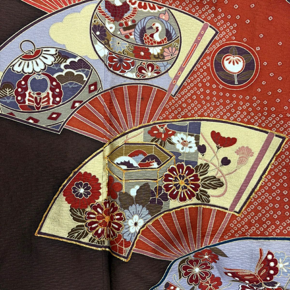 振袖禮服 身長158.5cm 袖長64cm M 雙層 扇子花鳥 金絲 金銀彩 紅茶 純蠶絲 秀品級