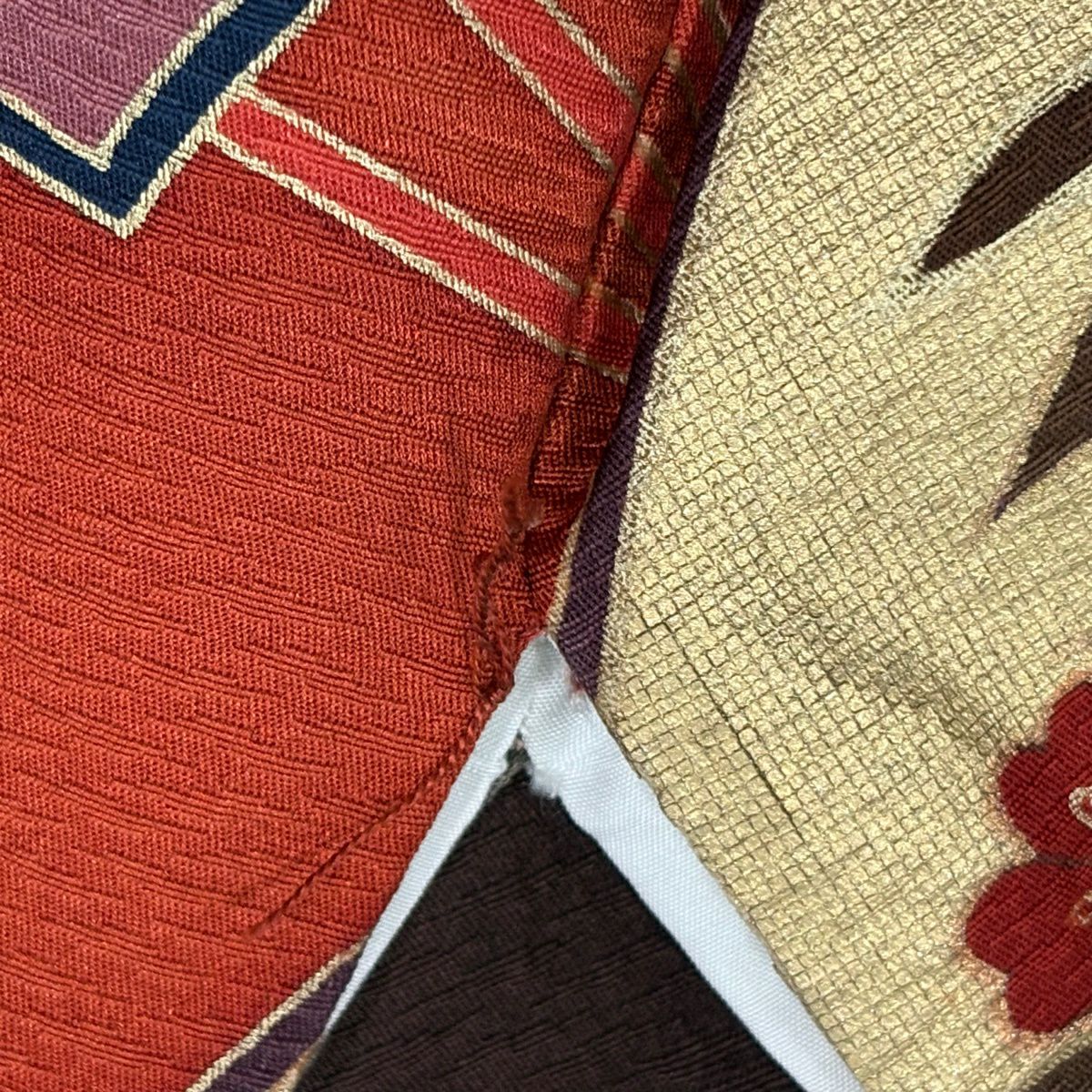振袖禮服 身長158.5cm 袖長64cm M 雙層 扇子花鳥 金絲 金銀彩 紅茶 純蠶絲 秀品級