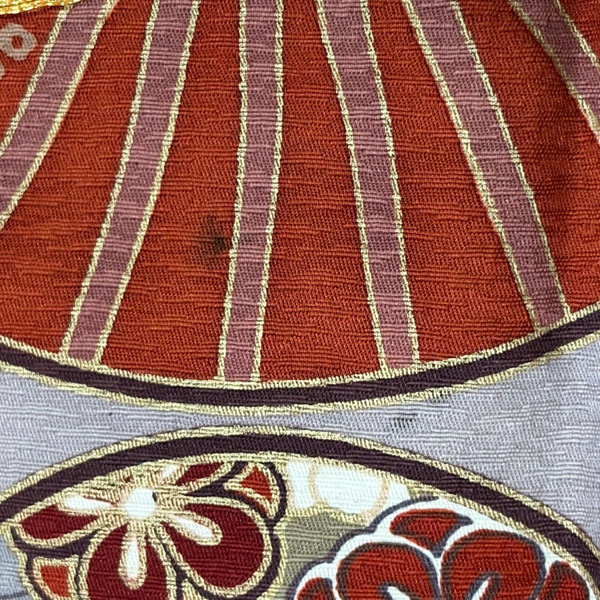 振袖禮服 身長158.5cm 袖長64cm M 雙層 扇子花鳥 金絲 金銀彩 紅茶 純蠶絲 秀品級