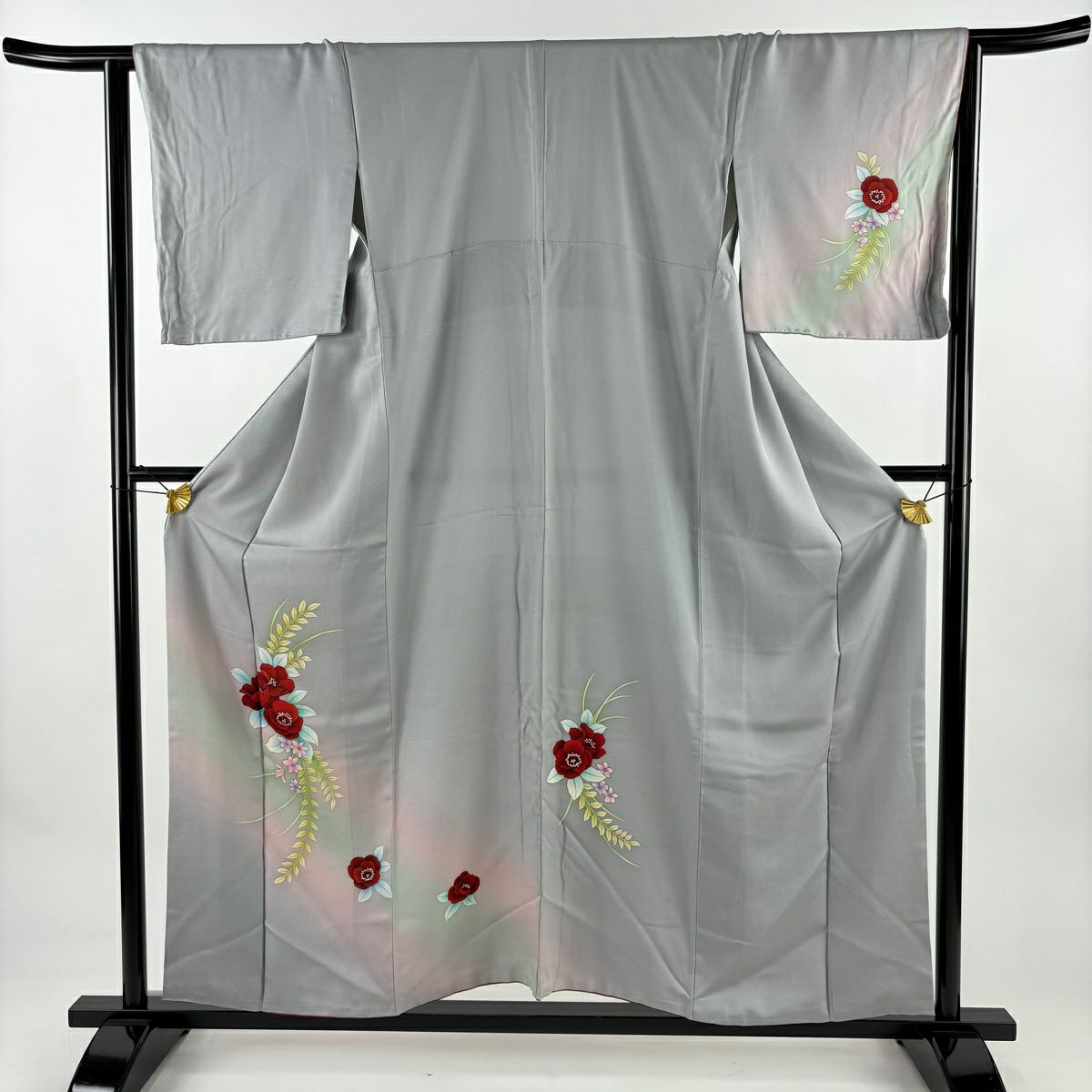 付下 身長155cm 袖長64cm M 雙層 草花紋紋 漸層 灰色 純蠶絲 優品級